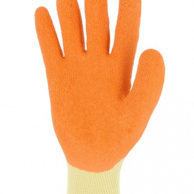 Luva de proteção laranja com punho amarelo e borda castanha