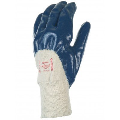 Luva de trabalho azul com punho branco e texto vermelho SINGER