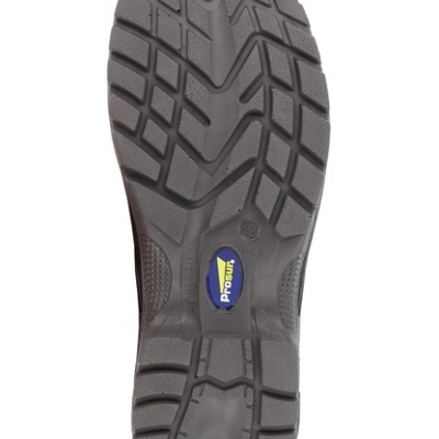 Sola preta de sapato com padrão antiderrapante e etiqueta azul