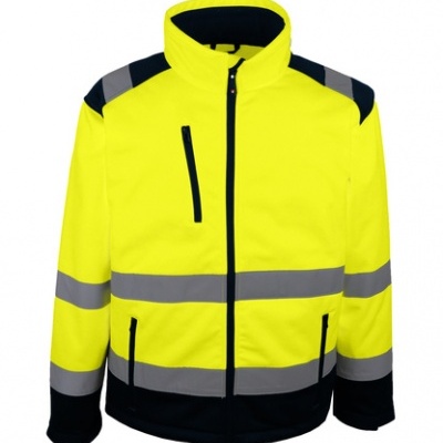Casaco amarelo de alta visibilidade com faixas refletoras cinza e detalhes pretos