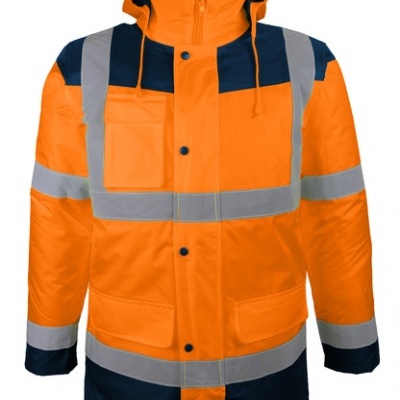 Casaco de alta visibilidade laranja e azul escuro com faixas refletoras