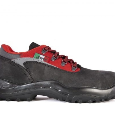 Ténis de segurança preto com detalhes vermelhos e cinzentos