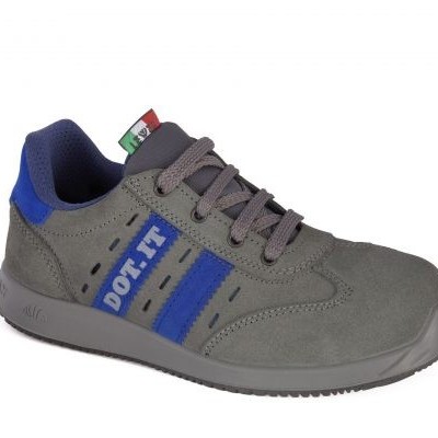 Sapato desportivo cinzento e azul com cadarços cinzentos e etiqueta colorida