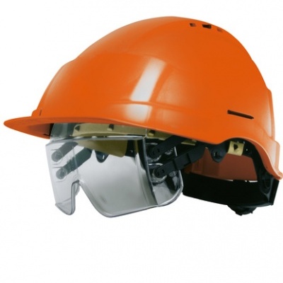 Capacete de segurança industrial laranja com viseira transparente