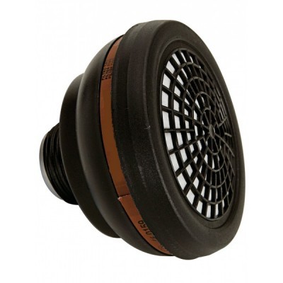 Filtro circular preto com grade frontal de teia e faixa marrom com texto