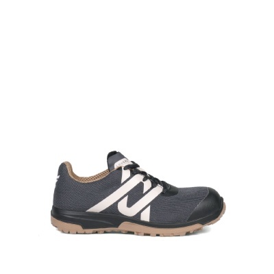 Ténis desportivos cinzentos com detalhes em branco e sola castanha