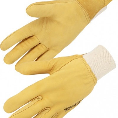 Par de luvas amarelas de couro com punhos brancos e texto SINGER