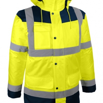 Casaco de alta visibilidade amarelo e azul escuro com faixas refletoras