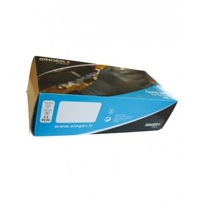 Embalagem triangular azul, preta e branca com marca SINGER e texto em francês