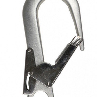 Mosquetão metálico prateado com trava de segurança