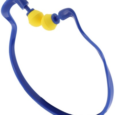 Protetor auricular azul com pontas amarelas