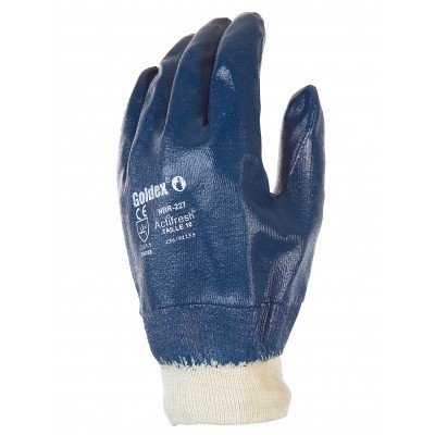 Luva de trabalho azul com punho branco e texto impresso Goldex