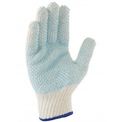 Luva de trabalho branca com pontos antiderrapantes azuis e punho azul elástico