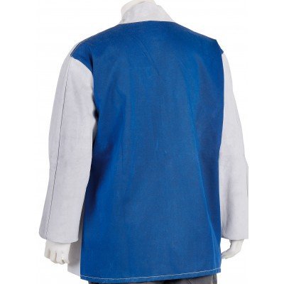 Casaco de proteção trabalho azul e branco visto de costas