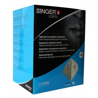 Embalagem de máscaras respiratórias Singer Safety azul e preta com uma máscara amarela visível