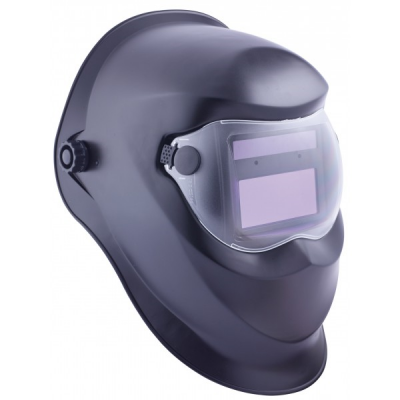 Capacete de soldadura preto com viseira translúcida roxa