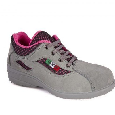sapato de segurança cinzento com detalhes rosa e bandeira italiana