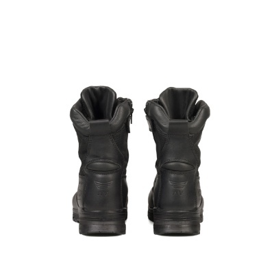 Botas pretas de cano alto vistas de trás em pele e tecido com zíper lateral