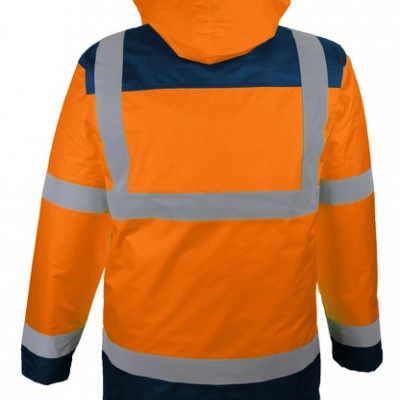 Casaco de alta visibilidade laranja e azul com faixas refletoras