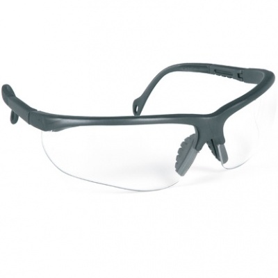 Óculos de proteção com armação preta e lentes transparentes