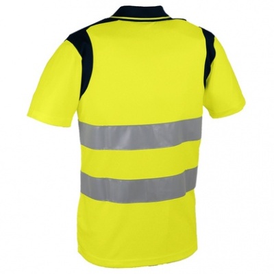 Camisola polo amarela fluorescente com faixa refletora cinzenta e detalhes pretos
