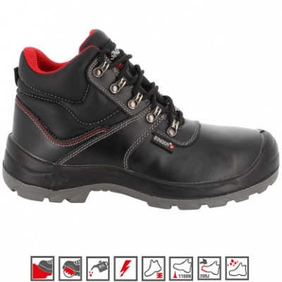 Bota de segurança preta com detalhes vermelhos e sola preta