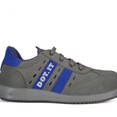 Ténis cinzento com detalhes azuis e inscrição DO IT na lateral