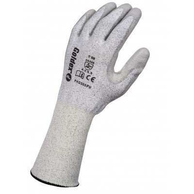 Luva de proteção cinza com texto preto e acabamento texturizado