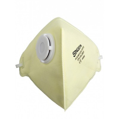 Máscara amarela com válvula branca e texto impresso SINGER PRO