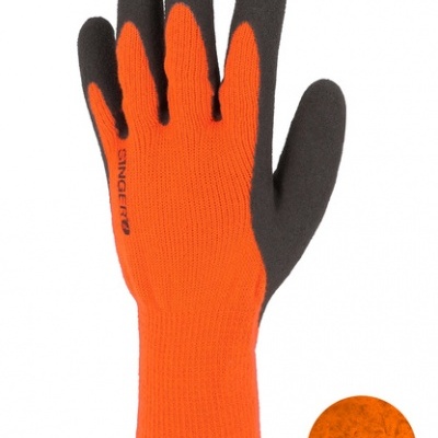 Luva de trabalho laranja com dedos pretos e textura antiderrapante