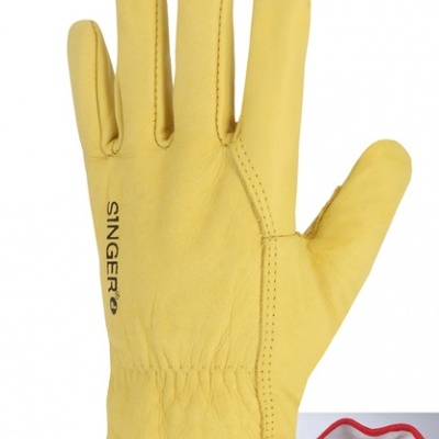 Luva de trabalho amarela em pele com punho vermelho e texto SINGER