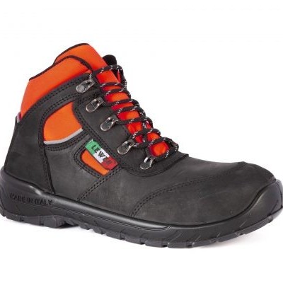 Bota de segurança preta com detalhes em laranja e cadarços vermelhos