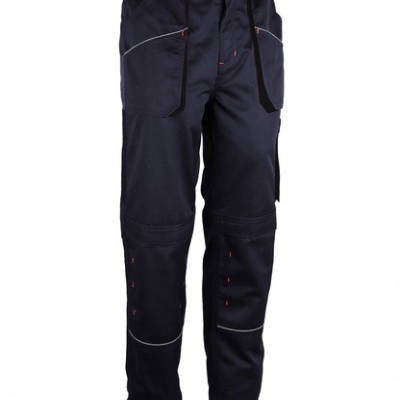 Calças de trabalho pretas com bolsos e detalhes em vermelho e cinza