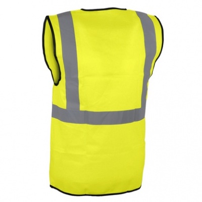 Colete de segurança amarelo com tiras refletoras cinza visto de costas
