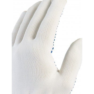 Luva branca de tecido com pontos azuis nas laterais