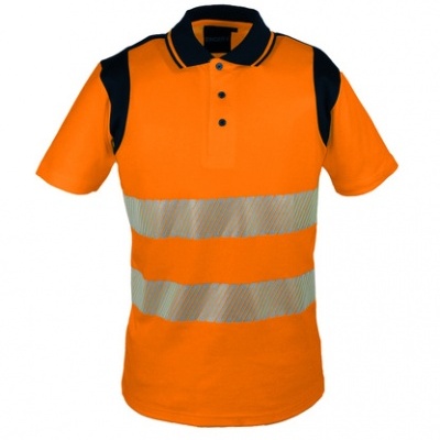 Polo de alta visibilidade laranja com golas e ombros pretos e faixas refletoras