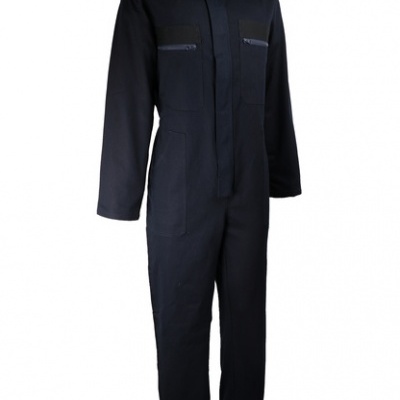 Macacão de trabalho preto de manga comprida com bolsos e fecho frontal