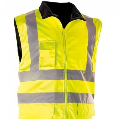 Colete de segurança amarelo com faixas refletoras cinza