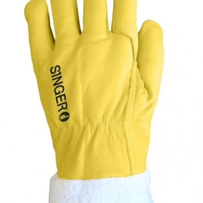 Luva de trabalho amarela com forro branco e logo SINGER