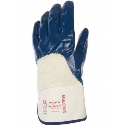 Luvas de proteção azul e branca com textos impressos a vermelho