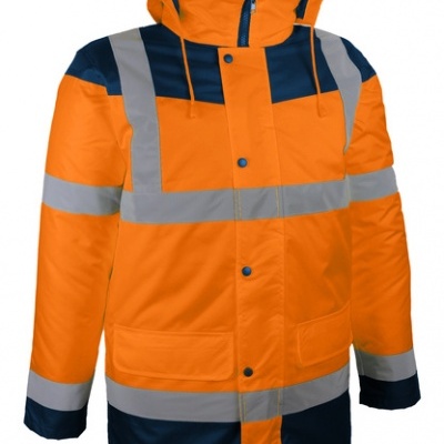 Casaco de trabalho impermeável laranja fluorescente e azul com faixas refletoras