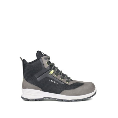 Bota de segurança preta e cinza com sola branca e detalhes amarelos