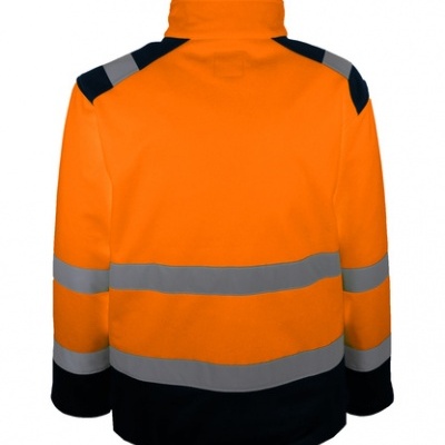 Casaco de alta visibilidade laranja com faixas refletoras cinza e detalhes pretos