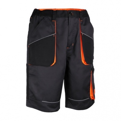 calções de trabalho pretos com detalhes laranja e bolsos