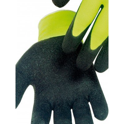 Luvas de trabalho pretas e amarelas fluorescentes com textura rugosa na palma