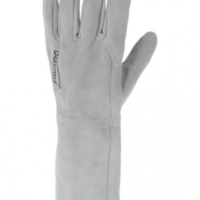 Luva cinzenta clara em pele com punho longo e texto LIFESM