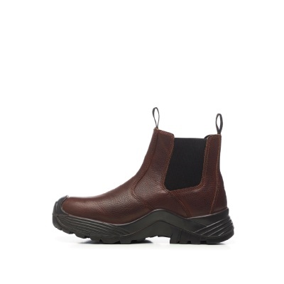 Bota de pele castanha com sola preta e elástico lateral preto