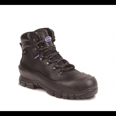 Bota de trabalho preta de couro com sola grossa e etiqueta azul