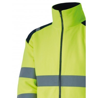 Casaco amarelo fluorescente com faixas refletoras cinza e fecho de correr preto