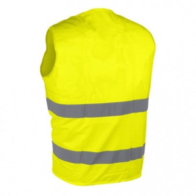 Colete amarelo de alta visibilidade com faixas refletoras.
